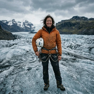 Þórunn Halldórsdóttir, glacier guide, on the ridged ice of Falljökull above Skaftafell in Vatnajökull National Park