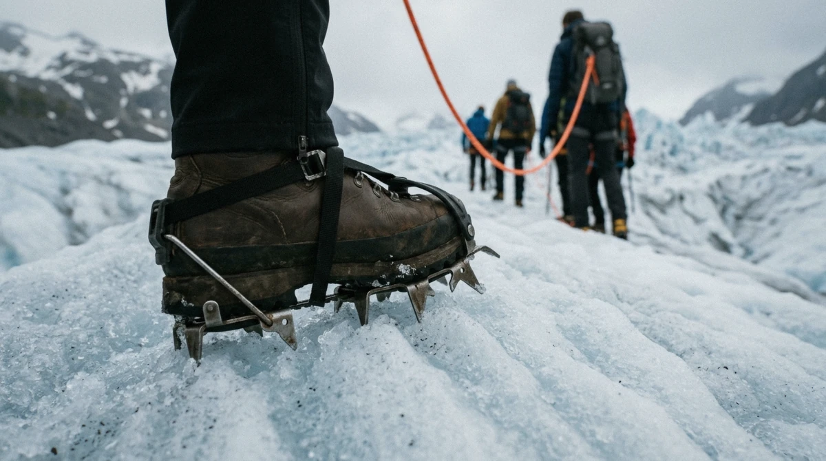 Crampon points biting into ridged glacier ice with a rope team behind on a guided Skaftafell glacier hike on Falljökull, Vatnajökull National Park, Iceland