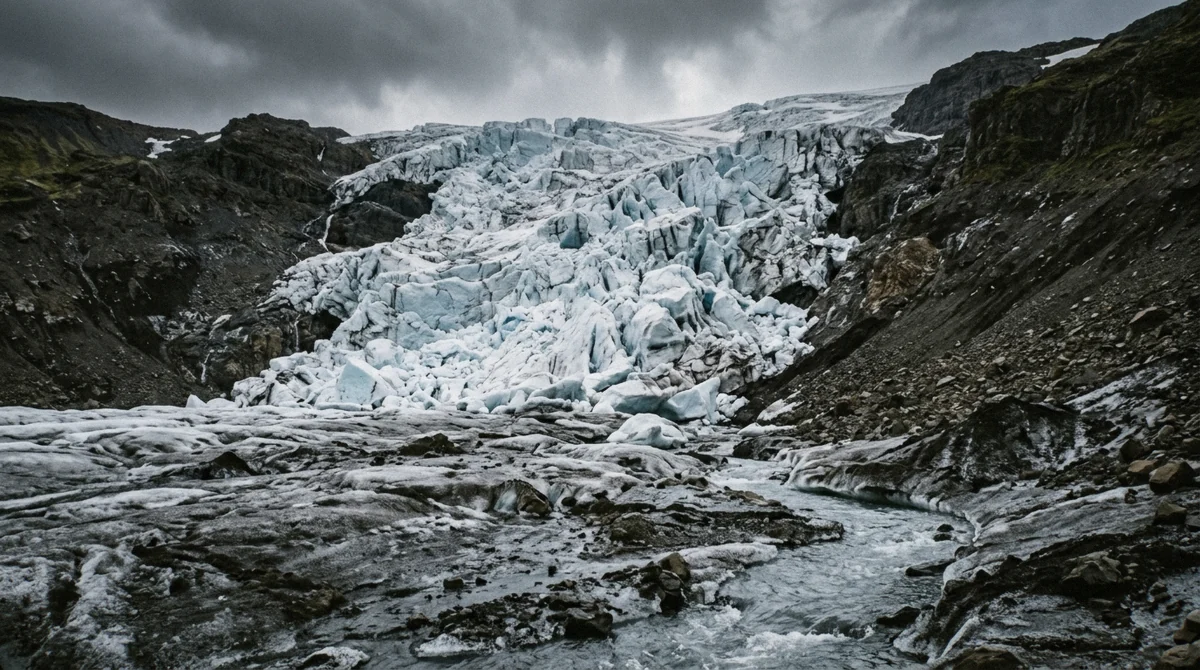 The broken blue seracs of the Falljökull icefall dropping between dark rock ridges, the glacier walked on a guided Skaftafell glacier hike in Iceland