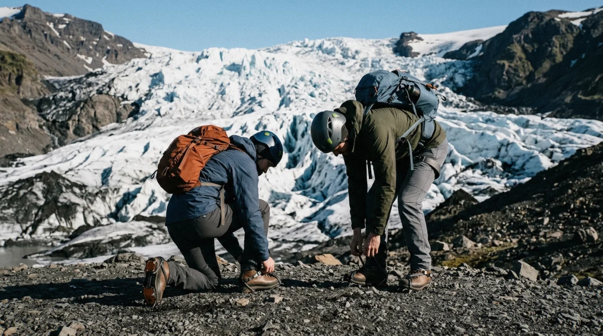 Two hikers in layered waterproofs and helmets fitting crampons before a glacier hike at Skaftafell, the Falljökull ice behind them, Vatnajökull National Park, Iceland