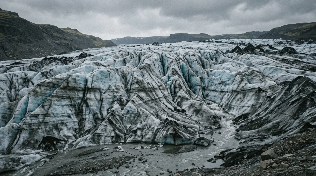 Ridged blue ice and dark ash bands at the tongue of Falljökull, the glacier walked on every guided Skaftafell glacier hike in Vatnajökull National Park, Iceland