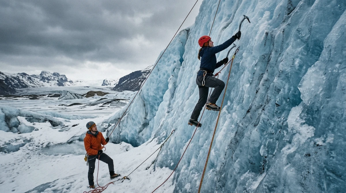 A climber swinging an ice axe into a vertical blue ice wall while ice climbing in Iceland on Falljökull glacier at Skaftafell