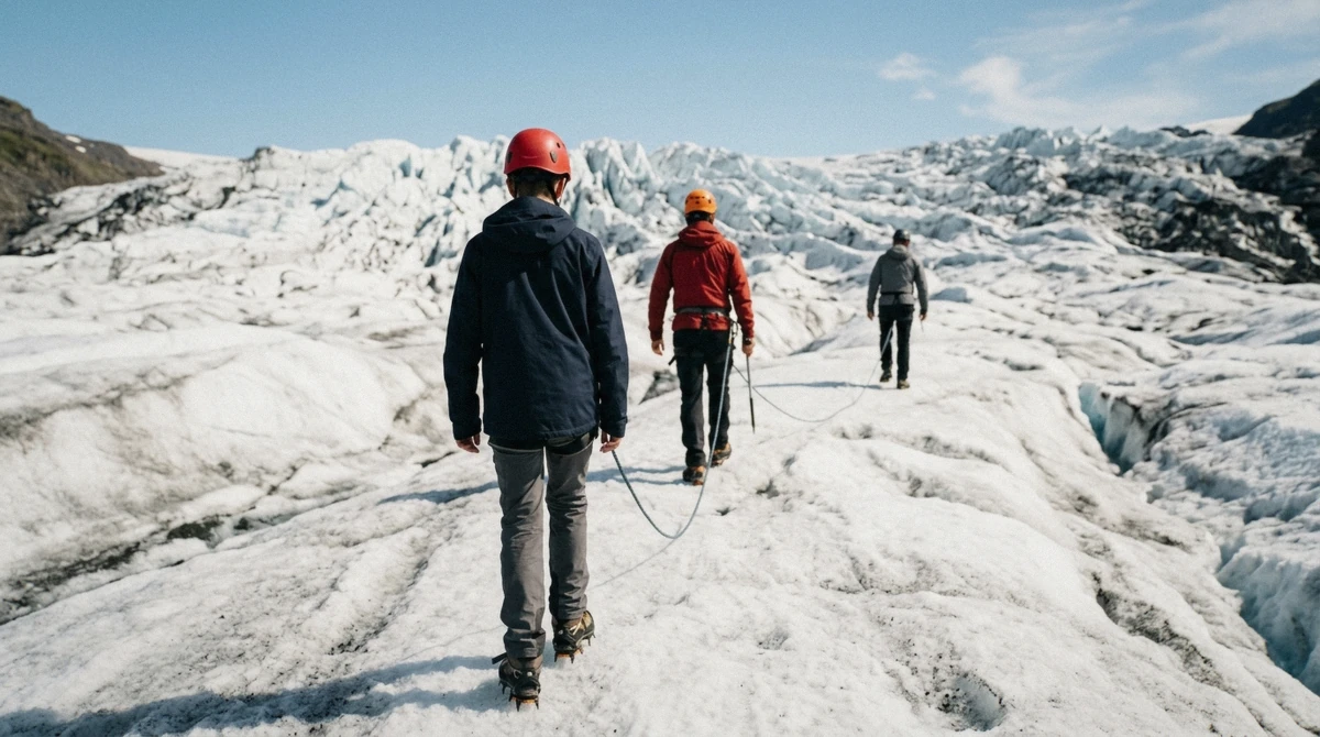 A teenager in a helmet and crampons roped behind a guide on a glacier hike in Iceland with kids at Skaftafell, Vatnajökull National Park