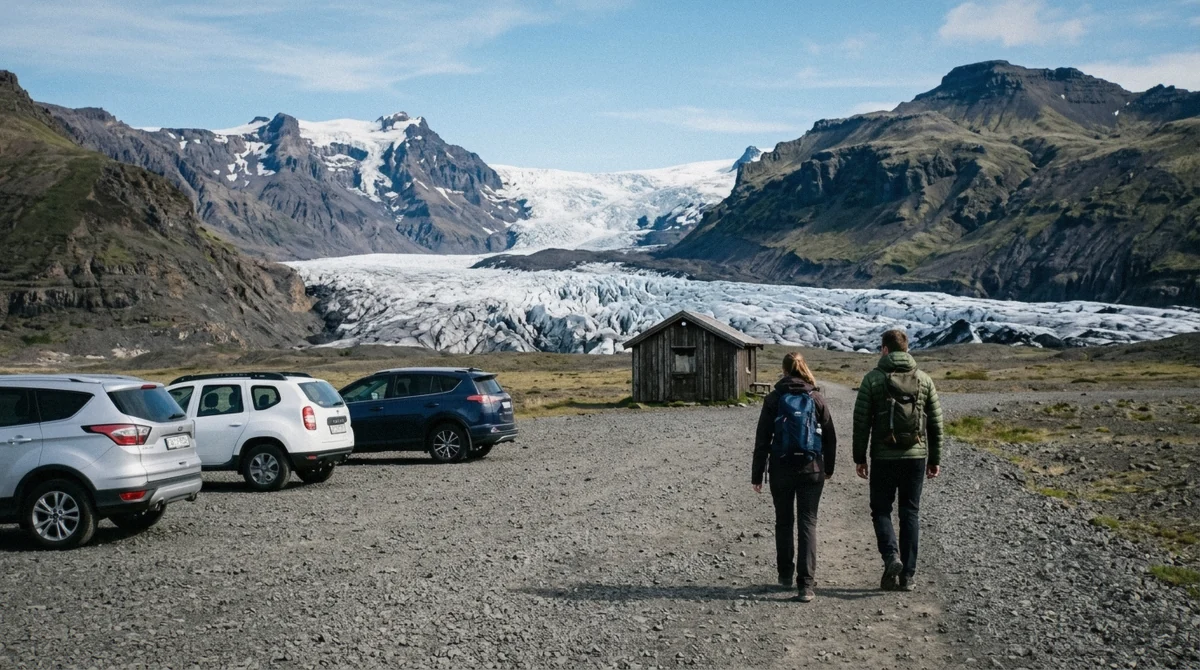 A gravel car park and glacier valley signpost at Skaftafell, the meeting point travelers mix up when avoiding common Skaftafell glacier hike mistakes
