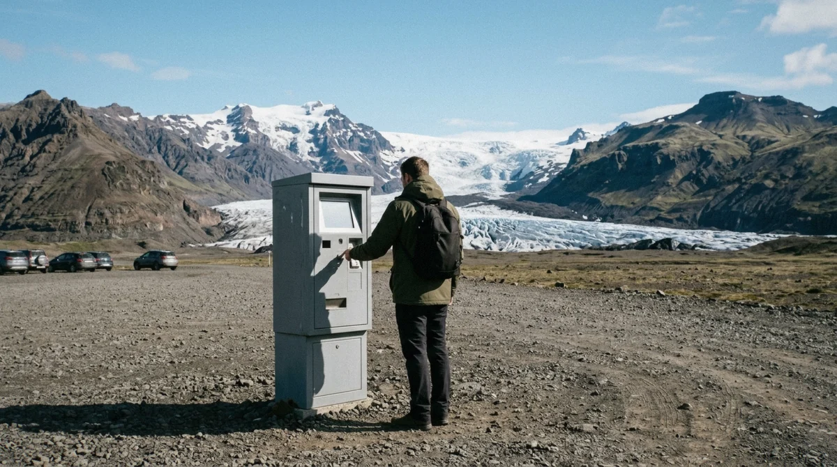 A parking payment machine at the Skaftafell car park, a common source of Skaftafell glacier hike mistakes around the 1,110 ISK fee
