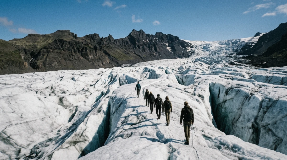 A roped single-file line of hikers behind a guide crossing crevassed glacier ice, showing how safe a guided Skaftafell glacier hike is, Iceland