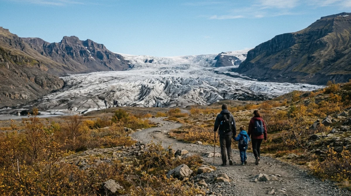 Families walking the free S1 trail toward the Skaftafellsjökull glacier viewpoint at Skaftafell, the option for kids too young for a guided glacier hike