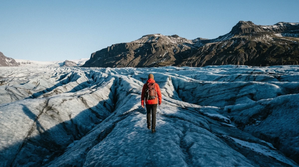 A lone hiker distant on deep blue winter glacier ice under a clear sky, the best time for glacier hiking in Iceland at Skaftafell